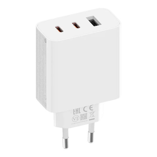 Xiaomi GaN с USB-A порт и 2 USB-C порта и кабел USB-C - USB-C 67W Бял (2C1A)