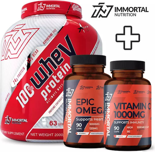 Immortal Nutrition 100% Whey Protein 2000gr White Chocolate, Epic Omega 3 90 softgels & Vitamin C 1000mg 90 capsules