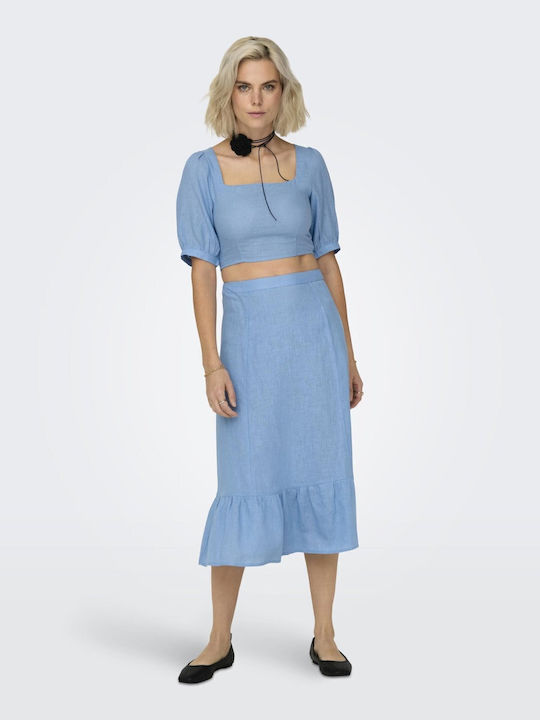 Only Linen High Waist Midi Skirt in Light Blue color