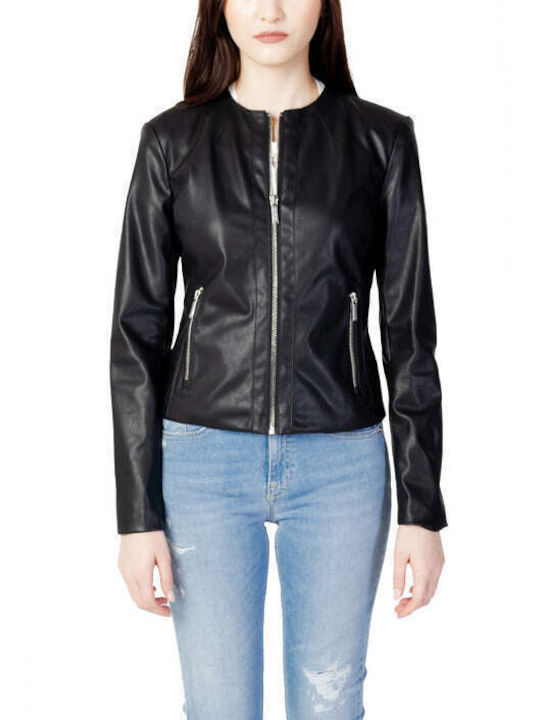 Armani Exchange Women's Short Biker Artificial Leather Jacket for Winter Black