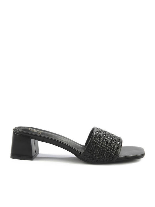 Leather Mules with Chunky Low Heel in Black Color