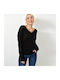 Potre Women's Long Sleeve Sweater Cotton with V Neckline Black