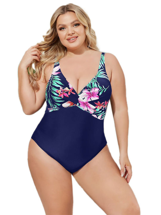 One-piece Blue Swimsuit With Floral Design On Top