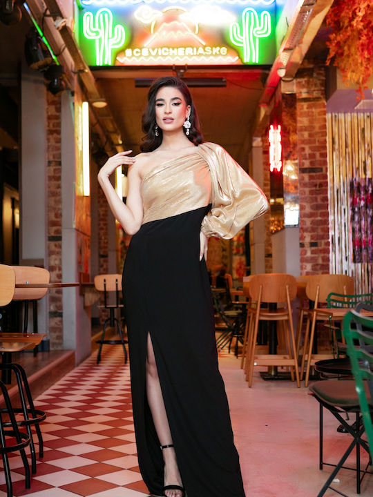Long Dress With One Shoulder And Metallic Detail