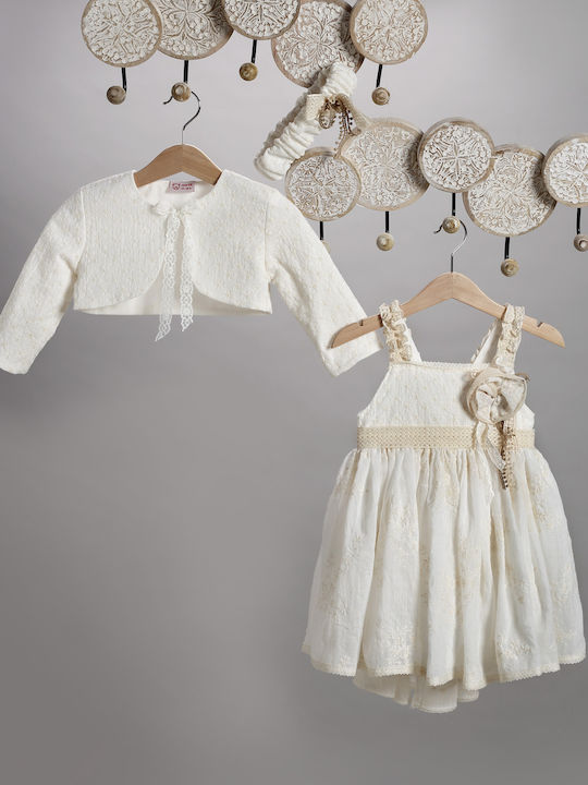 Rochie de Botez Ecru New Life, Accesorii de Păr & Jachetă Set 3 piese 2808-2