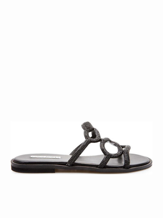 Leather Women's Flat Sandals in Black Color