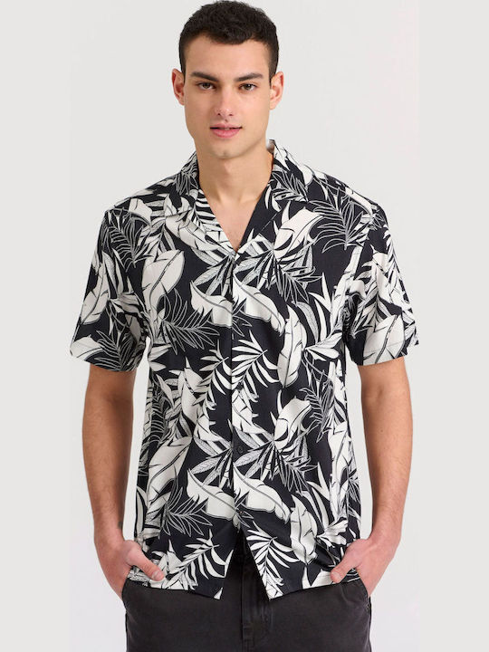 Short Sleeve Shirt in Wide Line Floral Black FBM009-029-05-Black