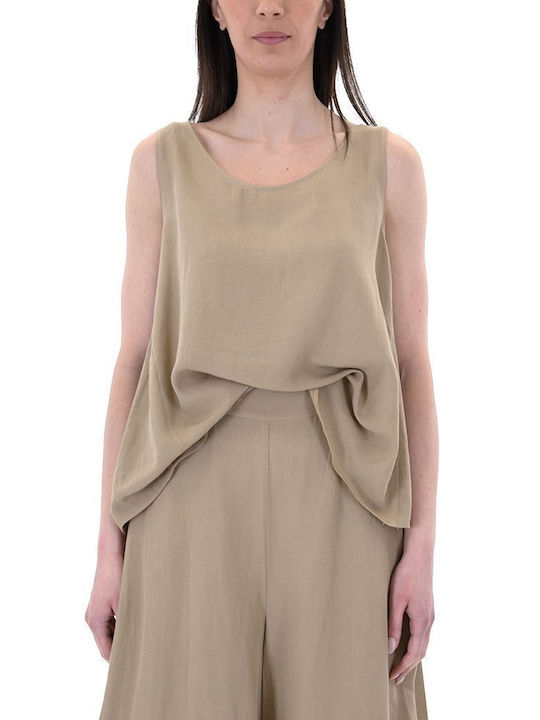 Moutaki Damen Sommerliche Bluse Leinen Ärmellos Beige