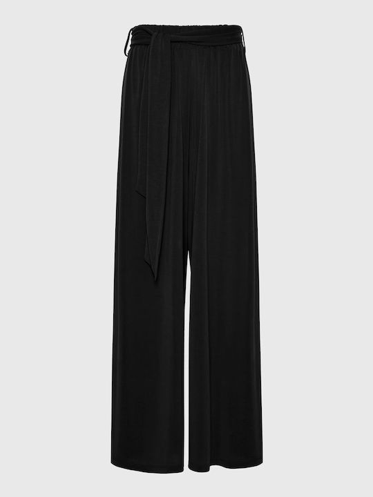 Funky Buddha Women's High Waist Fabric Trousers with Elastic in Loose Fit Black