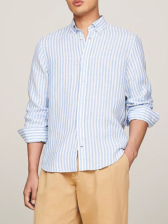 Tommy Hilfiger Men's Shirt Long Sleeve Linen Striped LightBlue