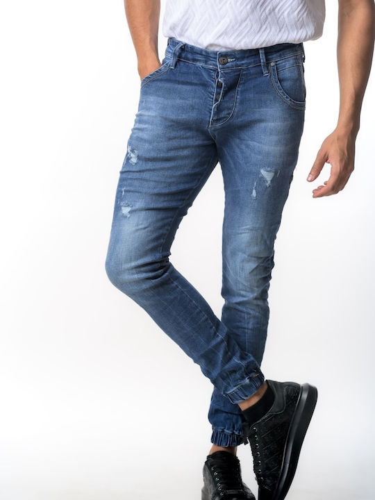 Life Style Butiken 680 Μπλε Ανδρικό Jean Παντελόνι Με Λάστιχο Στον Αστράγαλο Κανονική Εφαρμογή