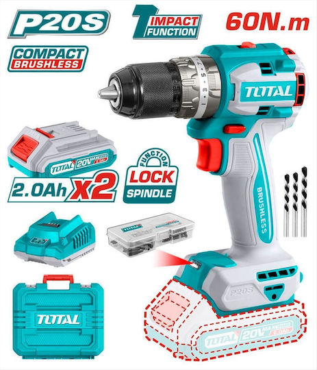 Total Percussive Drill Driver Battery Brushless 20V 2x2Ah