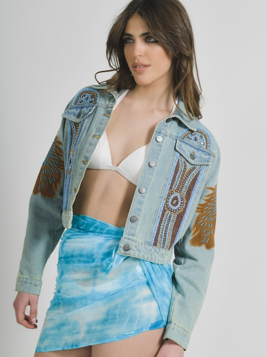 Ble Resort Collection Women's Short Jean Jacket for Spring or Autumn Καφέ/Μπλε