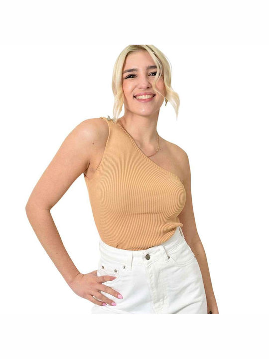 Potre Damen Sommerliche Bluse mit einem Schulter Beige