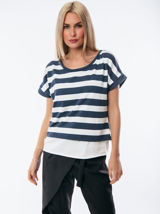 Boutique Women's Summer Blouse Short Sleeve Striped Blue