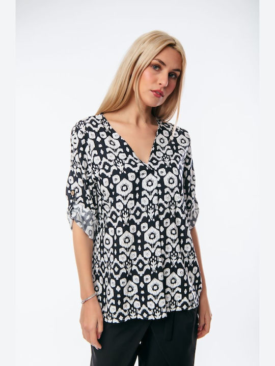 Boutique Women's Summer Blouse with 3/4 Sleeve Black