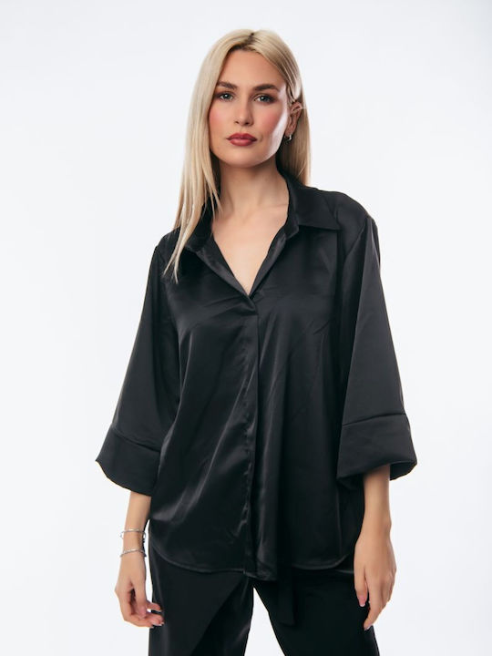 Dress Up Langärmelig Damen Satin Hemd Schwarz