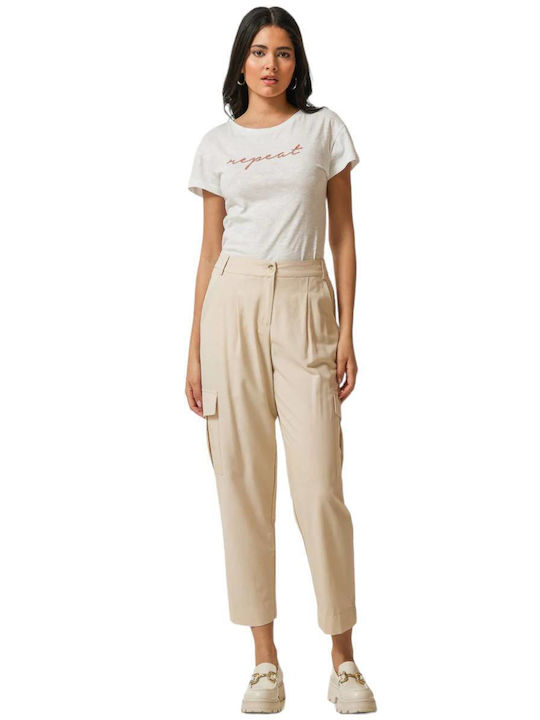 Enzzo Women's Fabric Cargo Trousers with Elastic in Straight Line Beige