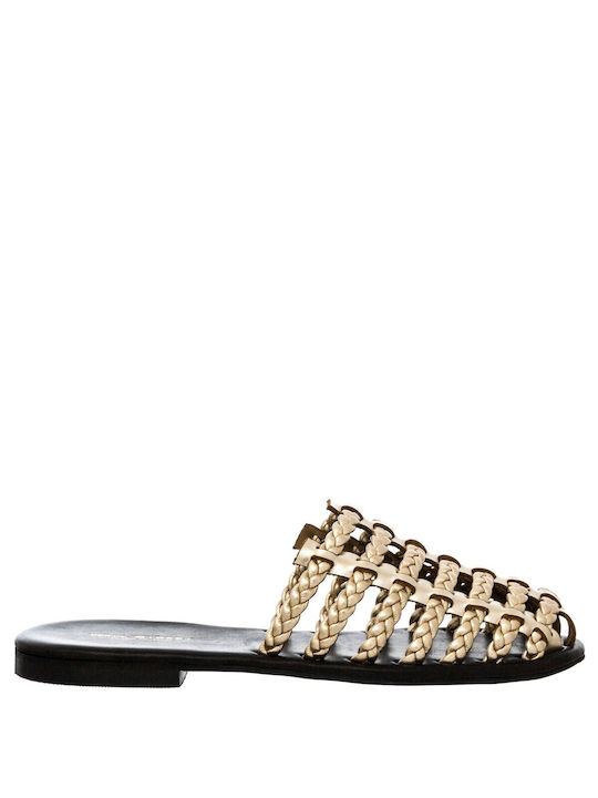 Wall Street Leder Damen Flache Sandalen in Gold Farbe