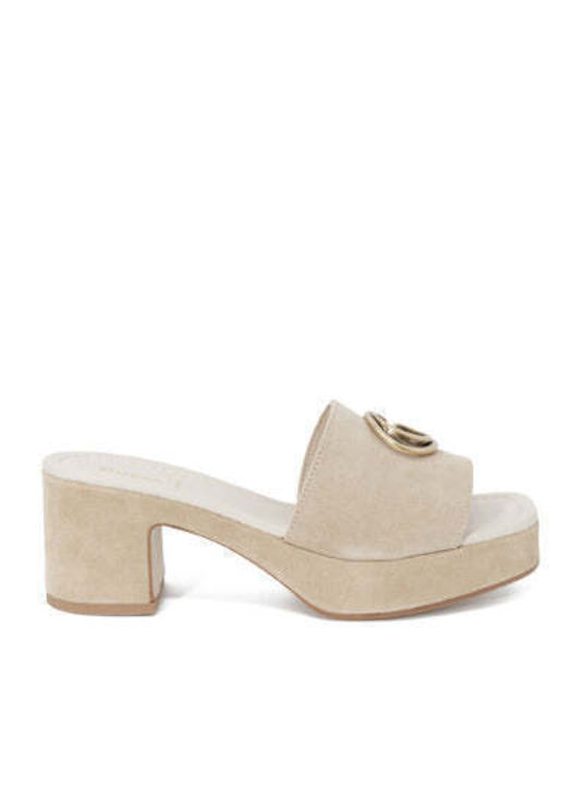 Guess Heel Leather Mules Beige