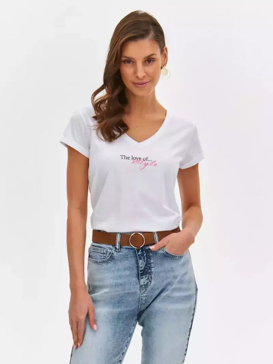 Make your image Damen Bluse Baumwolle Kurzärmelig mit V-Ausschnitt White