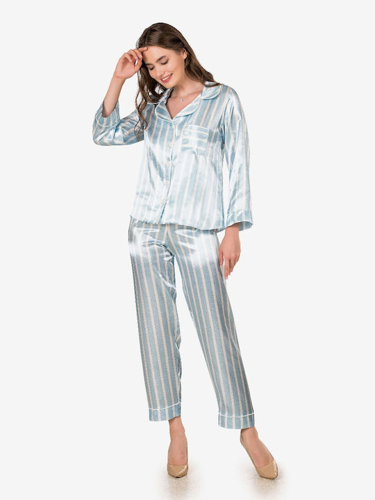 Moongilr Sommer Damen Pyjama-Set Satin Hellblau