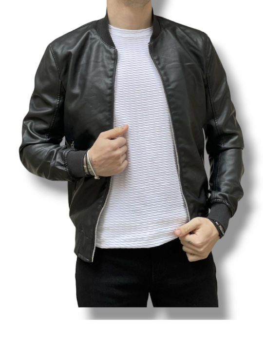 Men's Leatherette Bomber In Slim Fit Black Color