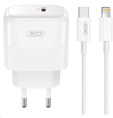 XO Φορτιστής με Θύρα USB-C και Καλώδιο USB-C - Lightning 20W Power Delivery Λευκός (L136)