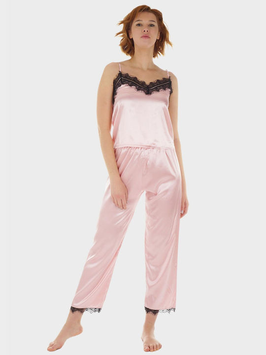 Set de femei din satin Set de satin Satin Top curea subțire pantaloni scurți și pantaloni dantelă.3pack Pink