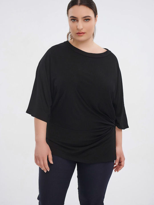 Jucita Women's Summer Blouse with 3/4 Sleeve & Boat Neckline Black