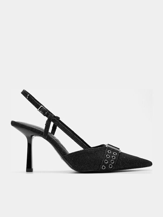 Women's Jean Pointed Heels with Unique Heel and Decorative Strap in Black - Black