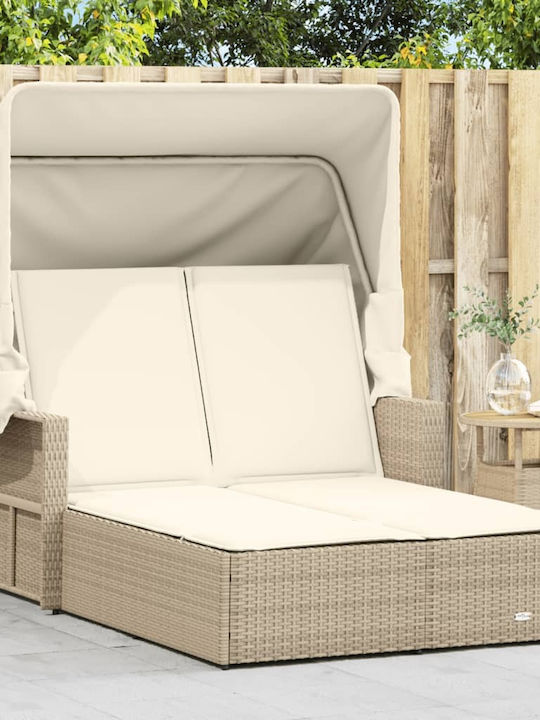 Lounge-Bed Double Rattan with Cushion & Sunshade Beige 110x201cm.