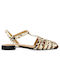 Leather Women's Flat Sandals with Strap in Ecru Color