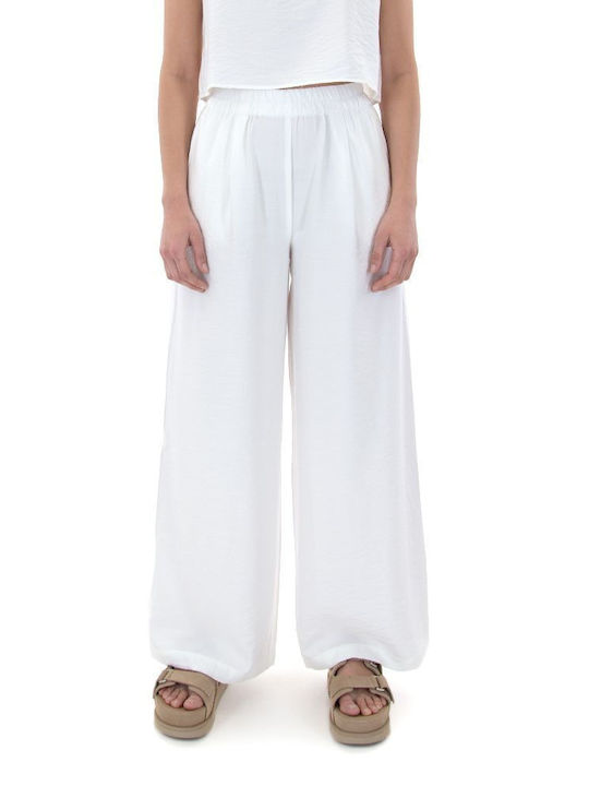 MY T Women's High-waisted Fabric Trousers with Elastic in Wide Line White