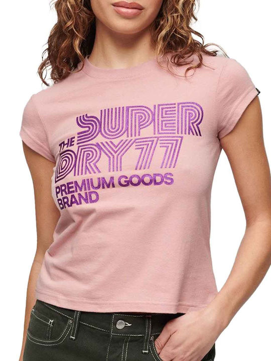 Superdry Retro Glitter Γυναικείο T-shirt Ροζ