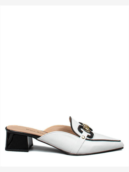 Wall Street Heel Leather Mules White