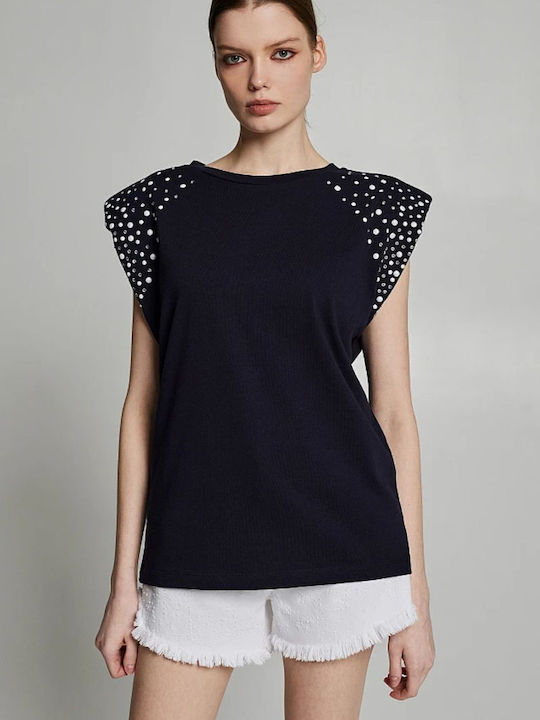 Damen Sommer Bluse Baumwolle Ärmellos Marineblau