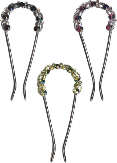 Metal hairpin large with elaborate design in 3 colors-green