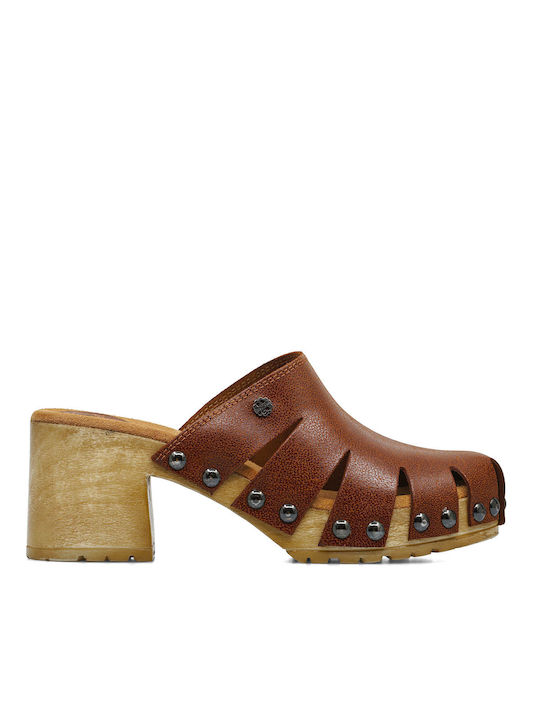 Porronet Chunky Heel Leather Mules Brown