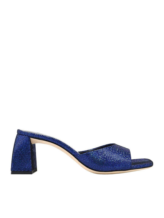 Leder Mules mit Chunky Hoch Absatz in Blau Farbe