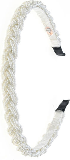 Metal Braided Headband Decorated with Beads in 6 Colors - White