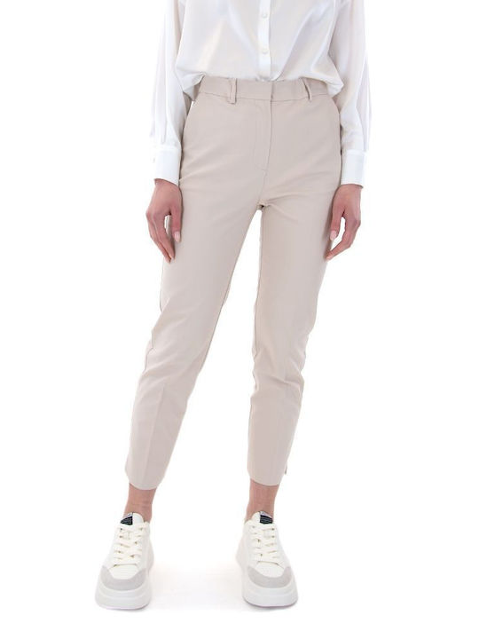 MY T Women's High-waisted Cotton Capri Trousers in Slim Fit Beige