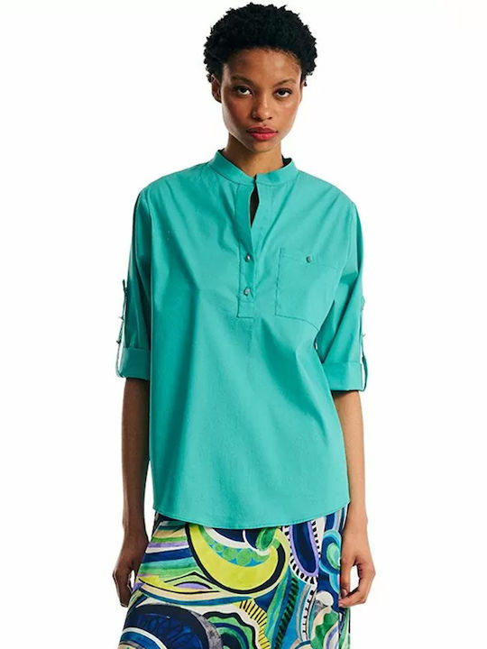 Forel Damen Sommer Bluse Baumwolle Kurzärmelig mit V-Ausschnitt Turquoise