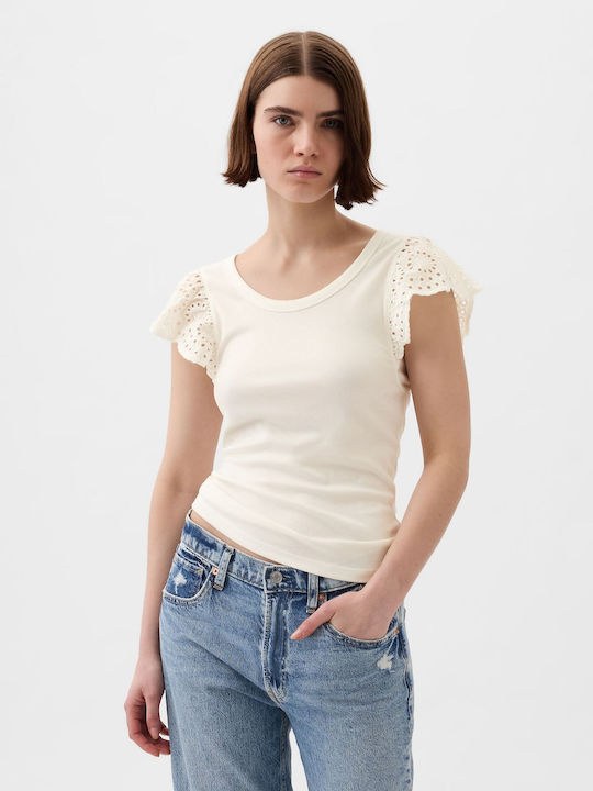 GAP Eyelet Bluza de Damă de Vară Mâneci scurte Off White