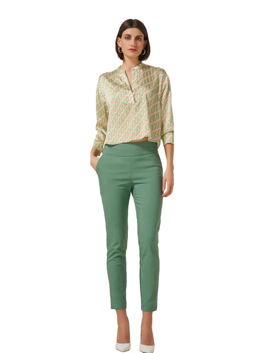 Enzzo Women's High-waisted Fabric Trousers in Slim Fit Green