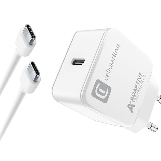 Cellular Line Φορτιστής με Θύρα USB-C και Καλώδιο USB-C - USB-C 15W Λευκός (ACHSMKITC2C15WW)