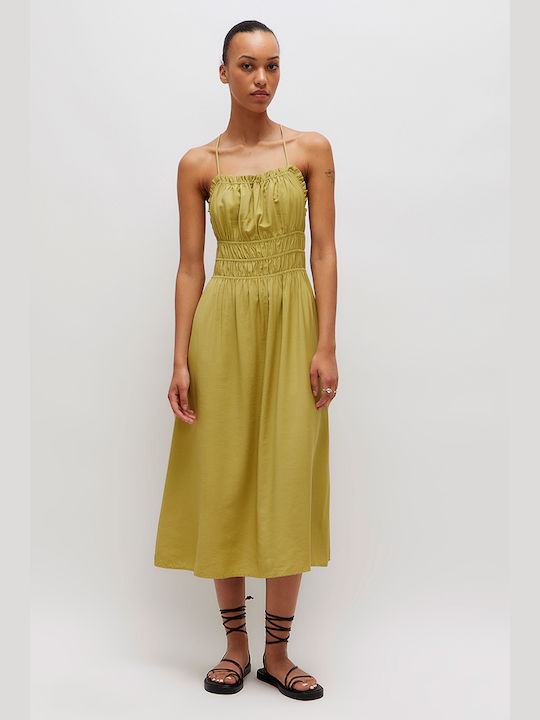 Wild Pony Midi Βραδινό Φόρεμα Strapless Σατέν με Βολάν Green