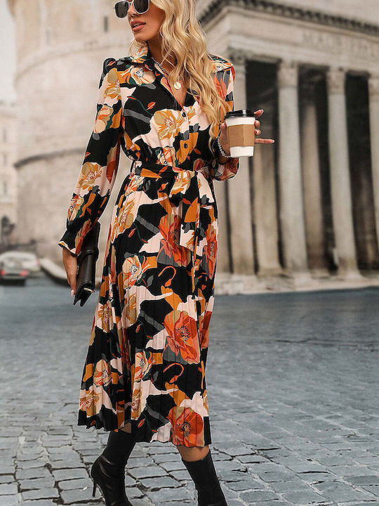 Black Orange Floral Midi Floral Elane Dress Coloured