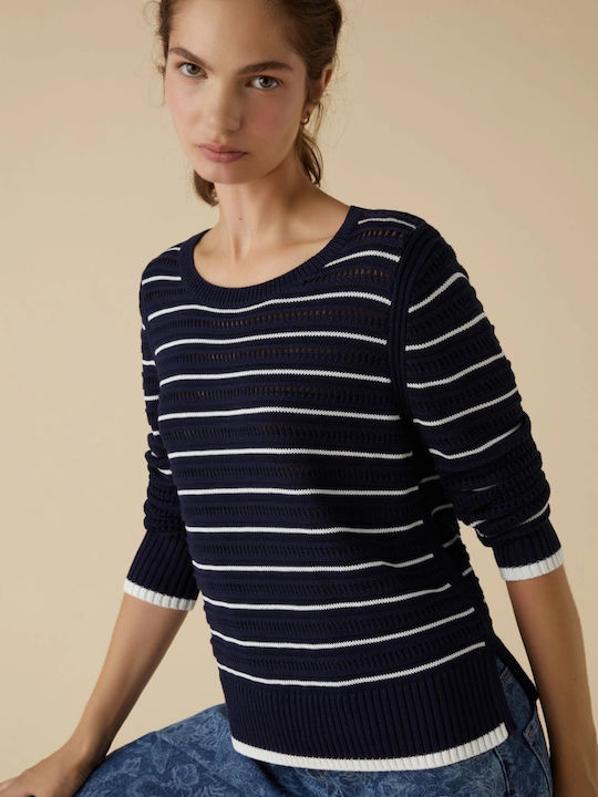 Emme Women's Long Sleeve Sweater Cotton Striped Navy Blue