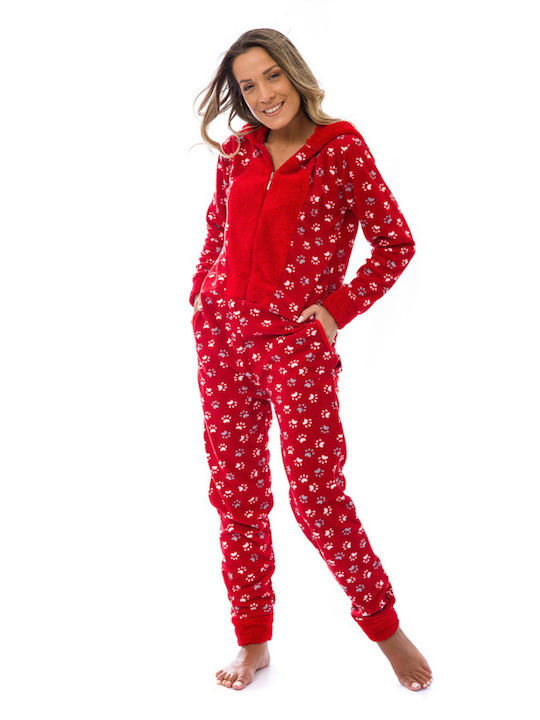 SNC Homewear Winter Damen Vlies Einteiliger Pyjama Rot